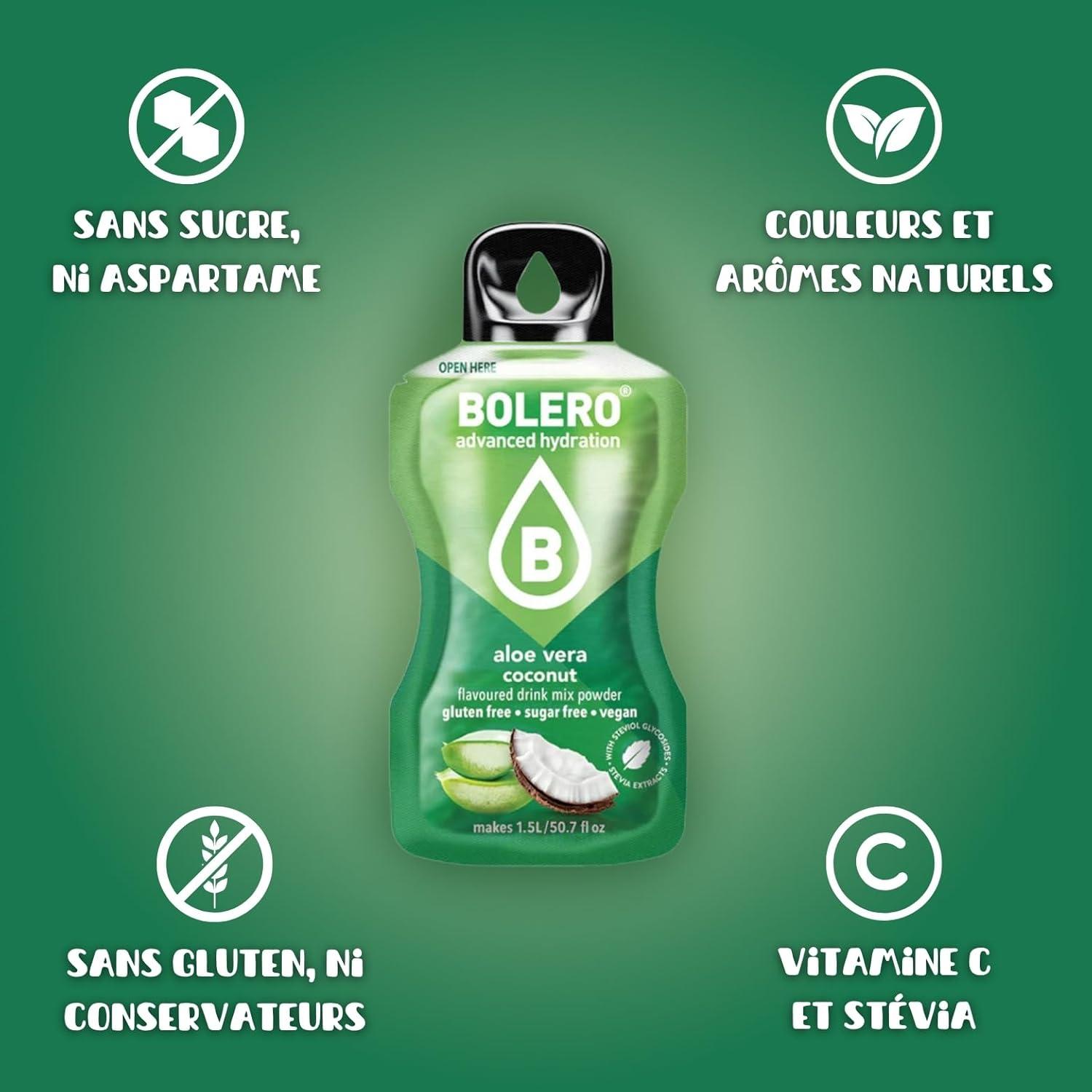 imageBOLERO Aloe Vera Grenade 10 sticks 9g de Poudre pour Boisson sans sucre la Stevia Sans Conservateur ni colorants artificiels Faible en calories il convient pour toute la FamilleCoco
