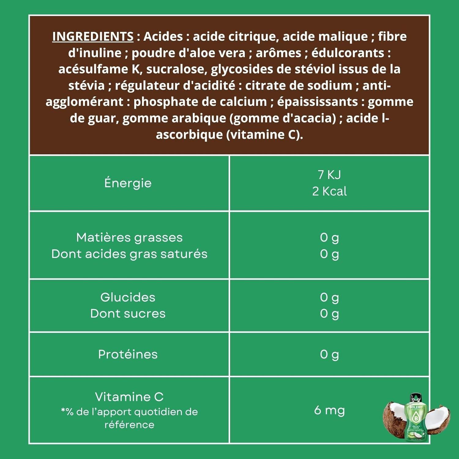imageBOLERO Aloe Vera Grenade 10 sticks 9g de Poudre pour Boisson sans sucre la Stevia Sans Conservateur ni colorants artificiels Faible en calories il convient pour toute la FamilleCoco