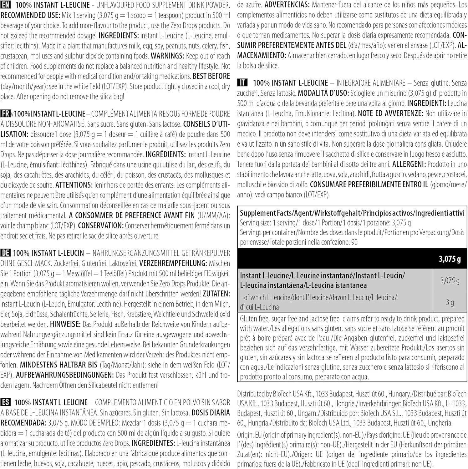 imageBioTechUSA 100 Instant LLeucine boisson en poudre Vegan Sans sucre Sans gluten Sans lactose 3000mg Leucine 277 g Non aromatis