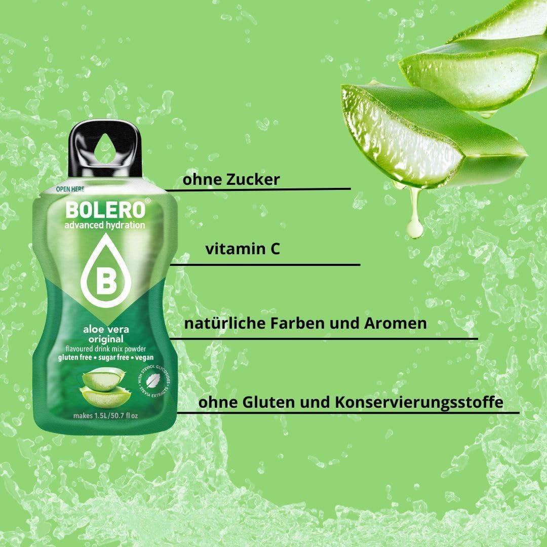 imageBolero ALOE VERA 24 x 3 g Jus en poudre sans sucre sucr avec de la stvia et de la vitamine C Convient pour les enfants les sportifs et les diabtiques Sans gluten et adapt aux vgtaliens