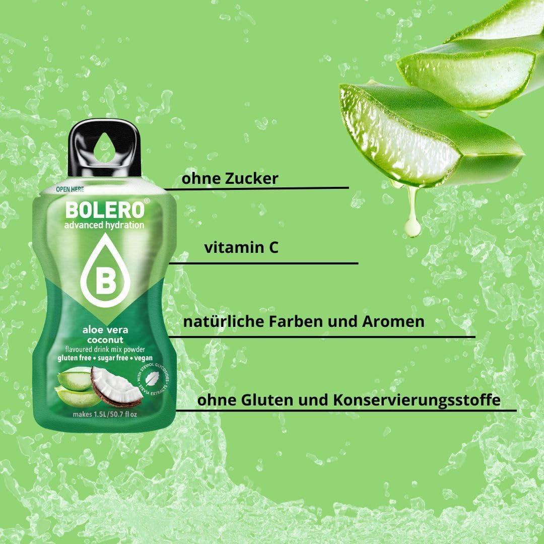 imageBolero ALOE VERA COCO 24 x 3 g Jus en poudre sans sucre sucr avec de la stvia vitamine C Convient pour les enfants les diabtiques Sans gluten et adapt aux vgtaliens Le got