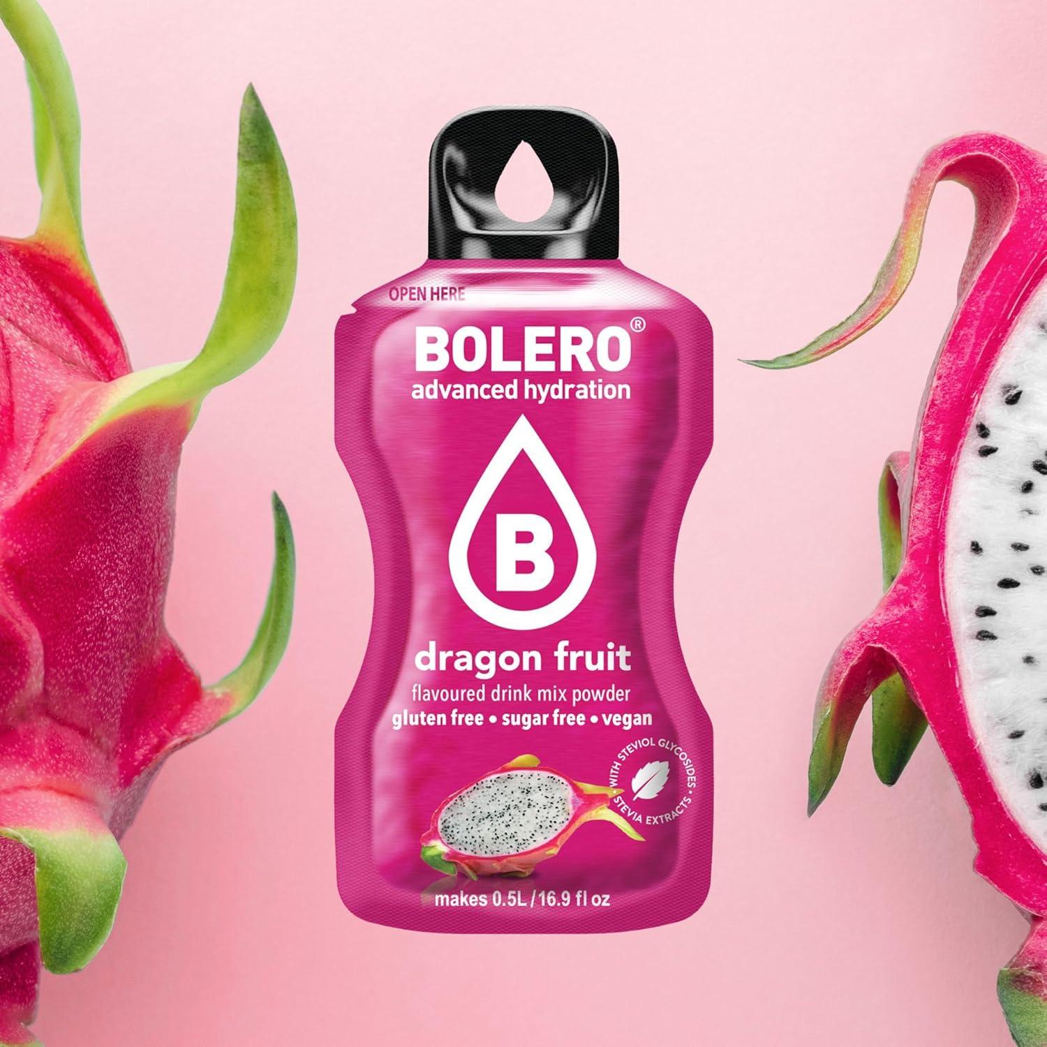 imageBolero DRAGON FRUIT 24x3g Jus en poudre sans sucre dulcor la stvia vitamine C pour enfants et sportifs sans gluten vgtalien saveur fruit du dragon