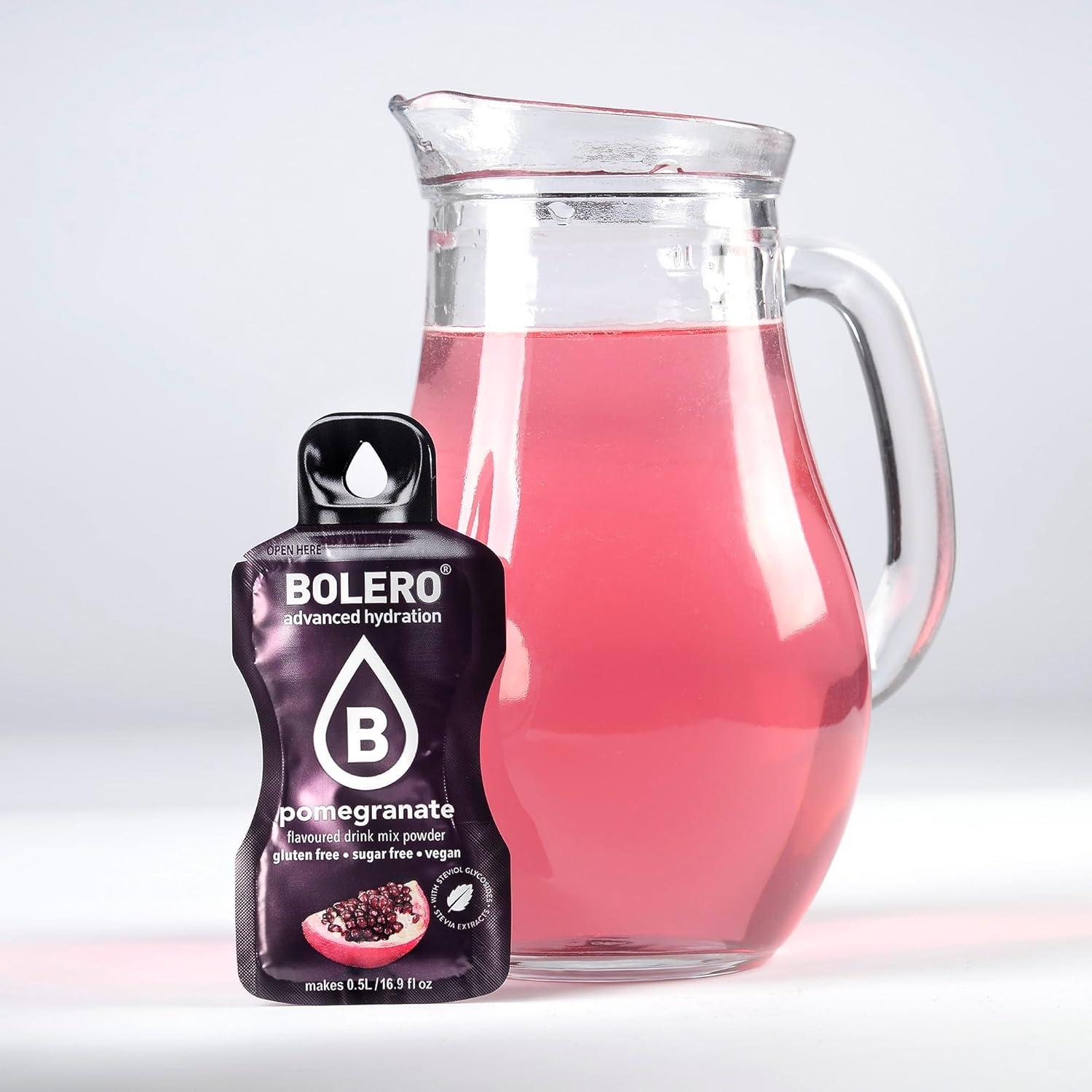imageBolero POMEGRANATE 24x3g Jus en poudre sans sucre dulcor la stvia vitamine C pour enfants et sportifs sans gluten vgtalien saveur dglantier