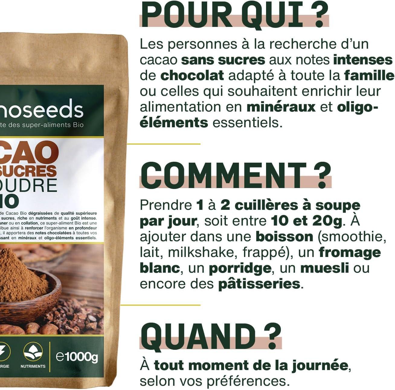 imageCacao Sans Sucre en Poudre Bio 1KG 100 de Fves de Cacao Dgraisses Bio Got chocolat intense Qualit Suprieure
