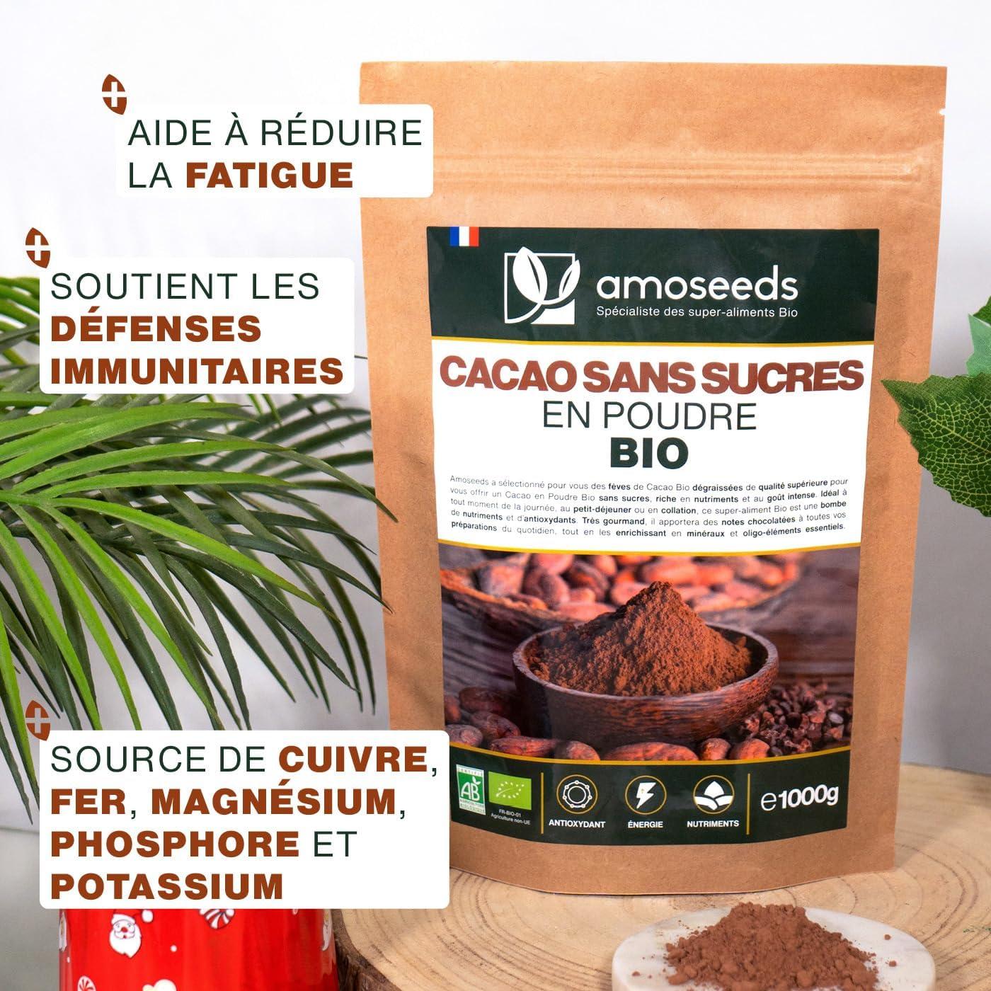 imageCacao Sans Sucre en Poudre Bio 1KG 100 de Fves de Cacao Dgraisses Bio Got chocolat intense Qualit Suprieure