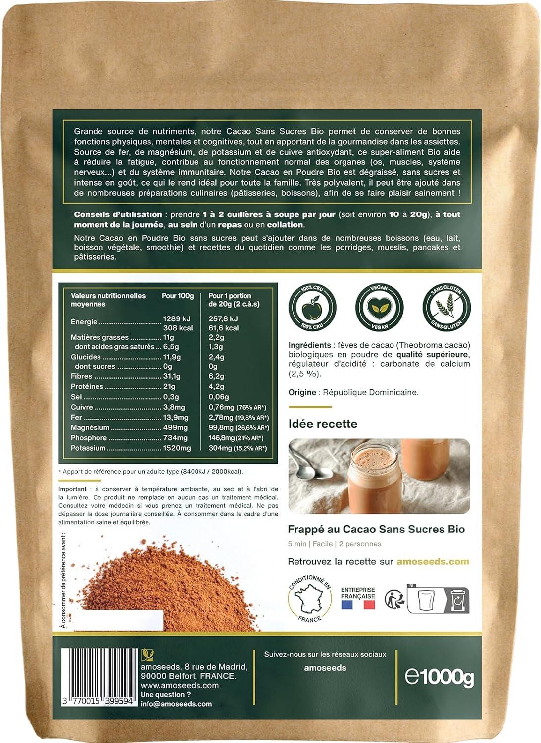 imageCacao Sans Sucre en Poudre Bio 1KG 100 de Fves de Cacao Dgraisses Bio Got chocolat intense Qualit Suprieure