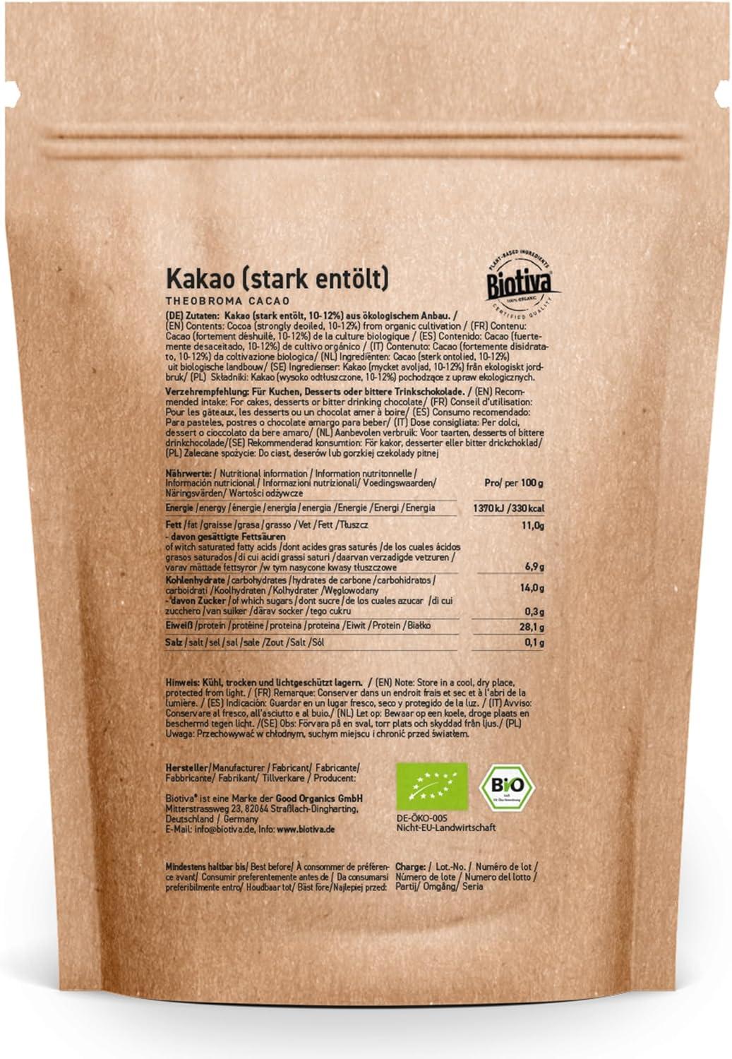 imageCacao en poudre bio 1000g 100 de poudre de cacao pur fortement dgraiss 11 de matires grasses Sans sucre Sans additifs Conditionn et contrl en Allemagne BiotivaCacao