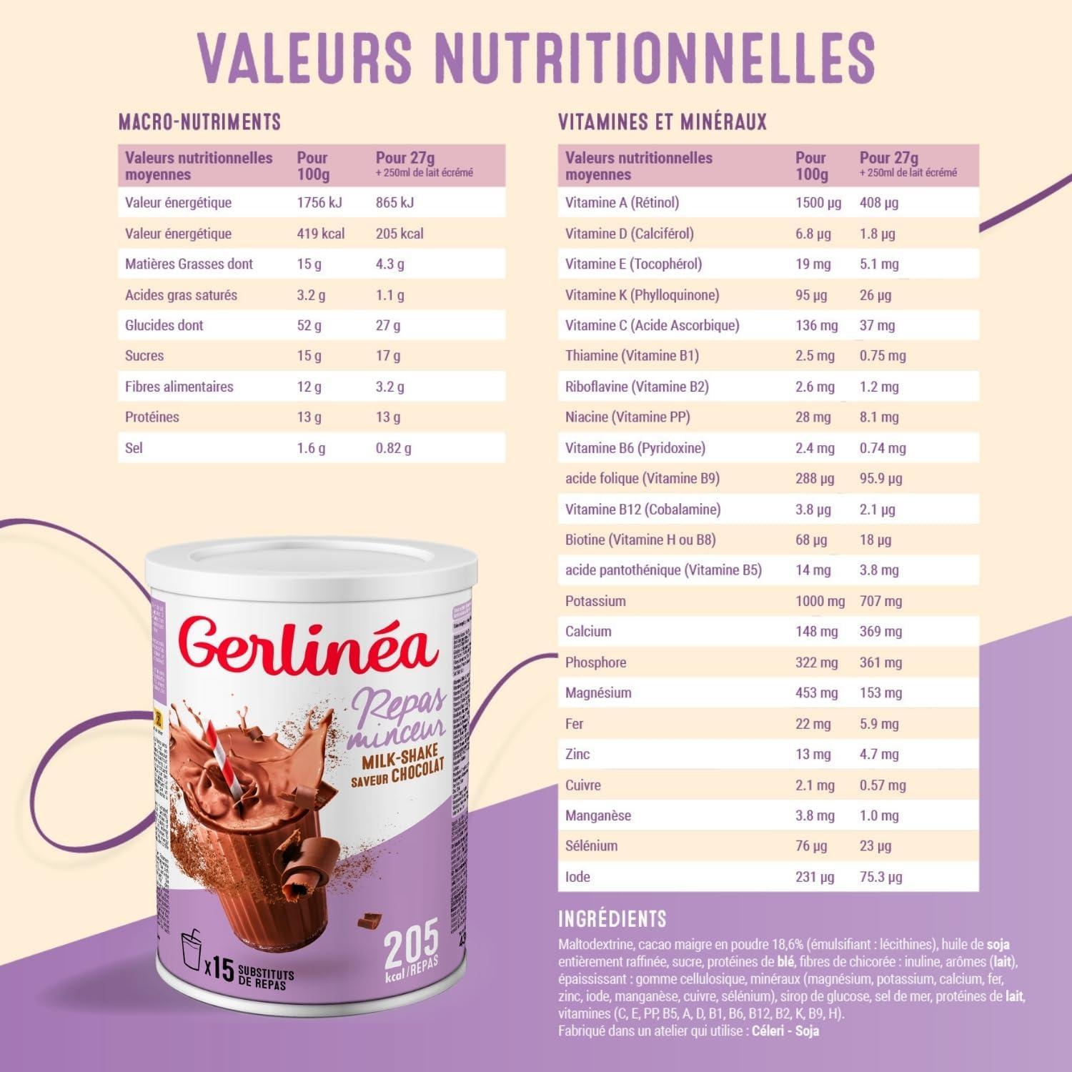imageGerlina Boisson Milkshake got Vanille Substituts de repas riche en protines Poudre reconstituer contient 15 repas 220385Chocolat