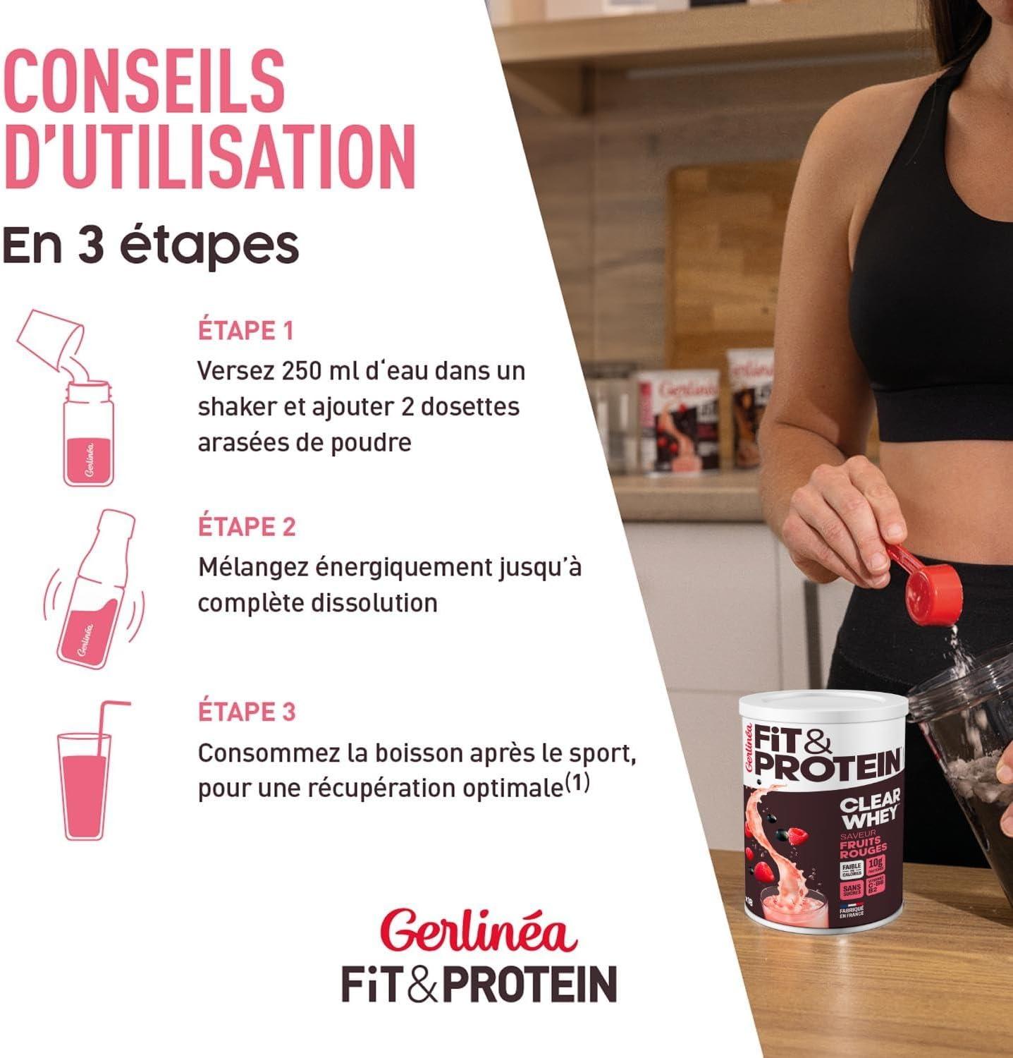 imageGerlina Fit ampamp Protein Boisson Protine Saveur Fruits Rouges Clear Whey Protines Aprs le Sport Musculation Femme Sans Sucres 54 Kcal portion 288 g 18 boissonsFruits Rouges