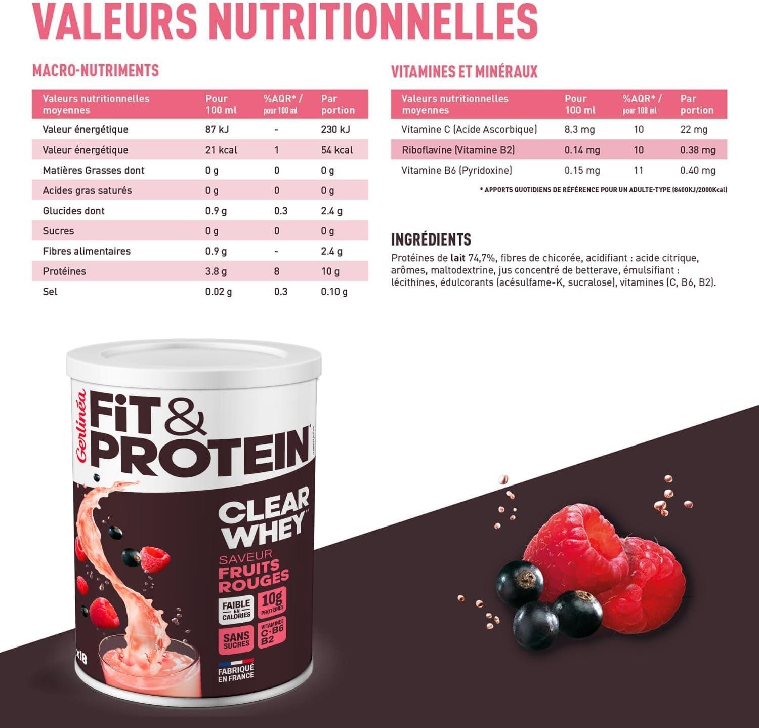 imageGerlina Fit ampamp Protein Boisson Protine Saveur Fruits Rouges Clear Whey Protines Aprs le Sport Musculation Femme Sans Sucres 54 Kcal portion 288 g 18 boissonsFruits Rouges