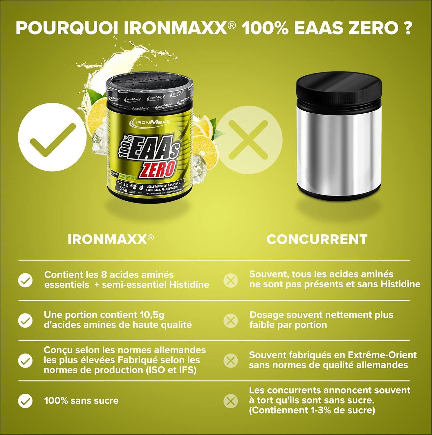 imageIronMaxx 100 EAAs Zero Fruits des Bois 500g Boisson Poudre Vegan Sans Sucre Base de 8 Acides Amins Essentiels Support pour Musculation ampamp FitnessTh glac citron
