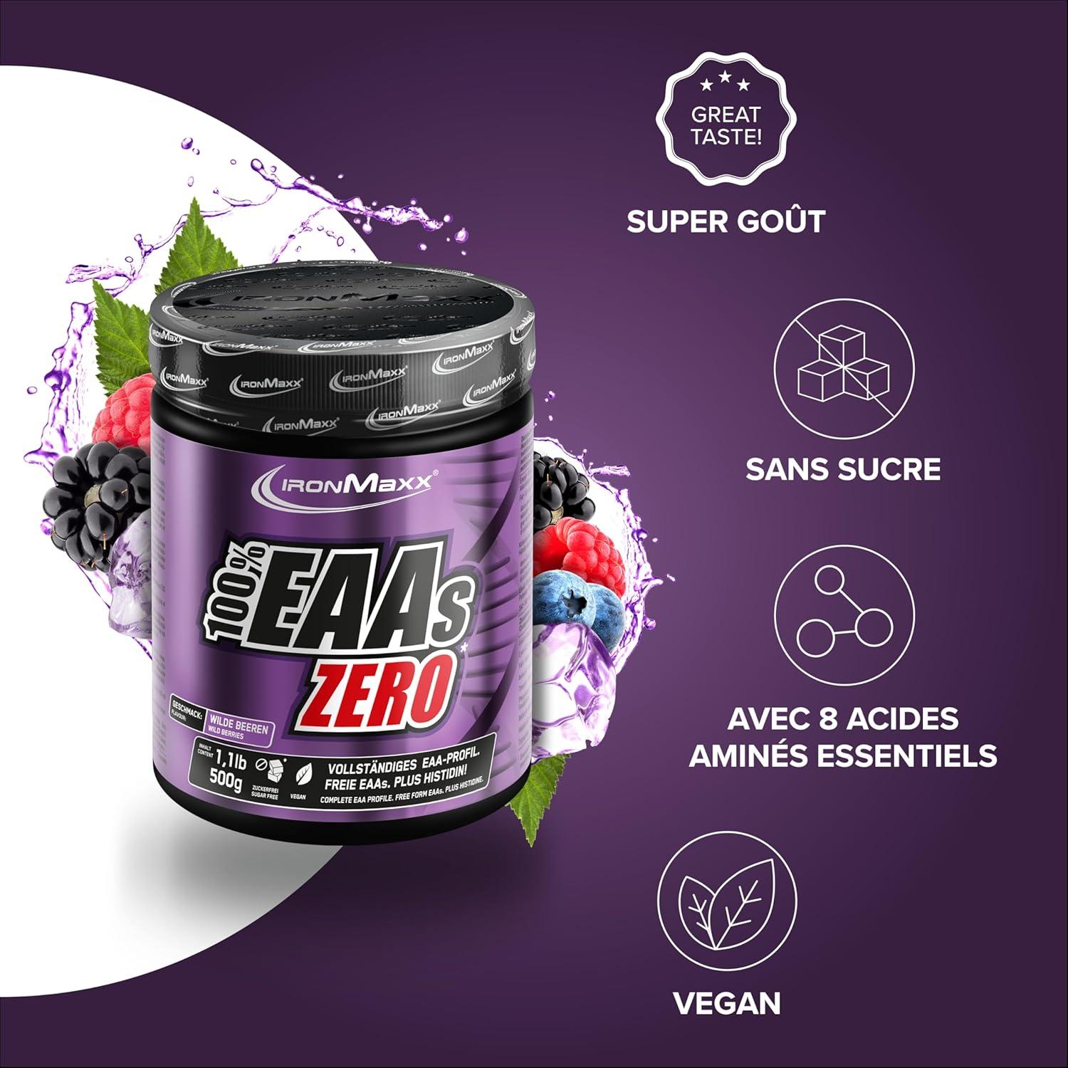 imageIronMaxx 100 EAAs Zero Fruits des Bois 500g Boisson Poudre Vegan Sans Sucre Base de 8 Acides Amins Essentiels Support pour Musculation ampamp FitnessBaies sauvages