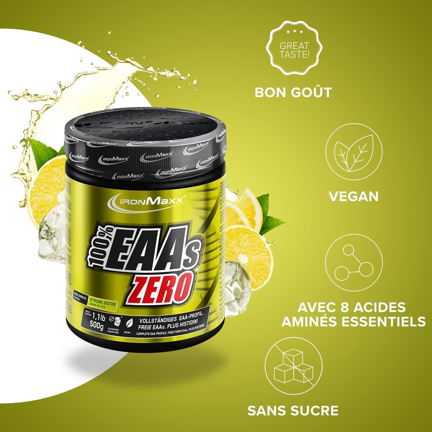 imageIronMaxx 100 EAAs Zero Fruits des Bois 500g Boisson Poudre Vegan Sans Sucre Base de 8 Acides Amins Essentiels Support pour Musculation ampamp FitnessTh glac citron