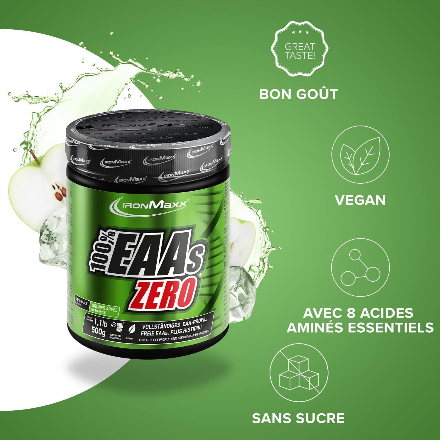 imageIronMaxx 100 EAAs Zero Fruits des Bois 500g Boisson Poudre Vegan Sans Sucre Base de 8 Acides Amins Essentiels Support pour Musculation ampamp FitnessPomme
