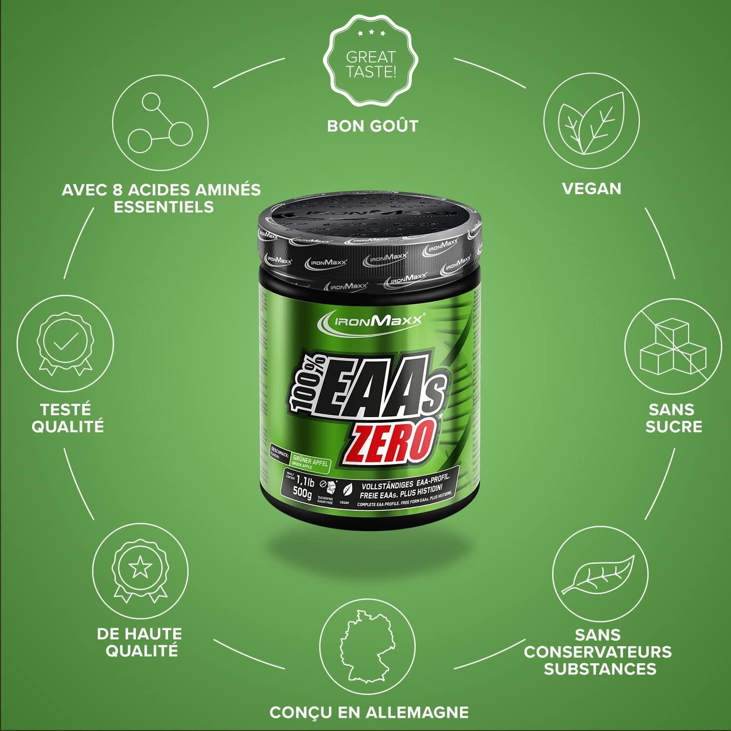 imageIronMaxx 100 EAAs Zero Fruits des Bois 500g Boisson Poudre Vegan Sans Sucre Base de 8 Acides Amins Essentiels Support pour Musculation ampamp FitnessPomme