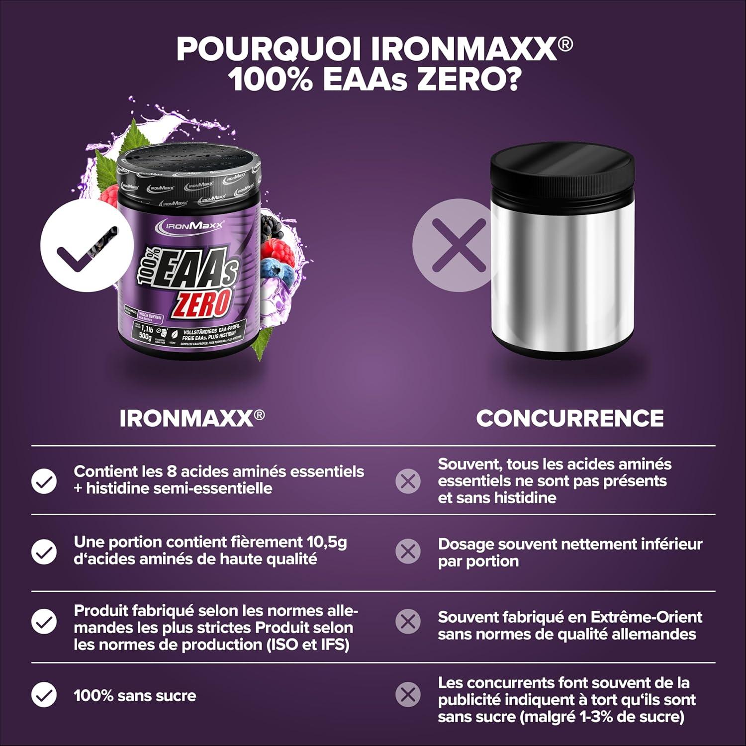 imageIronMaxx 100 EAAs Zero Fruits des Bois 500g Boisson Poudre Vegan Sans Sucre Base de 8 Acides Amins Essentiels Support pour Musculation ampamp FitnessBaies sauvages