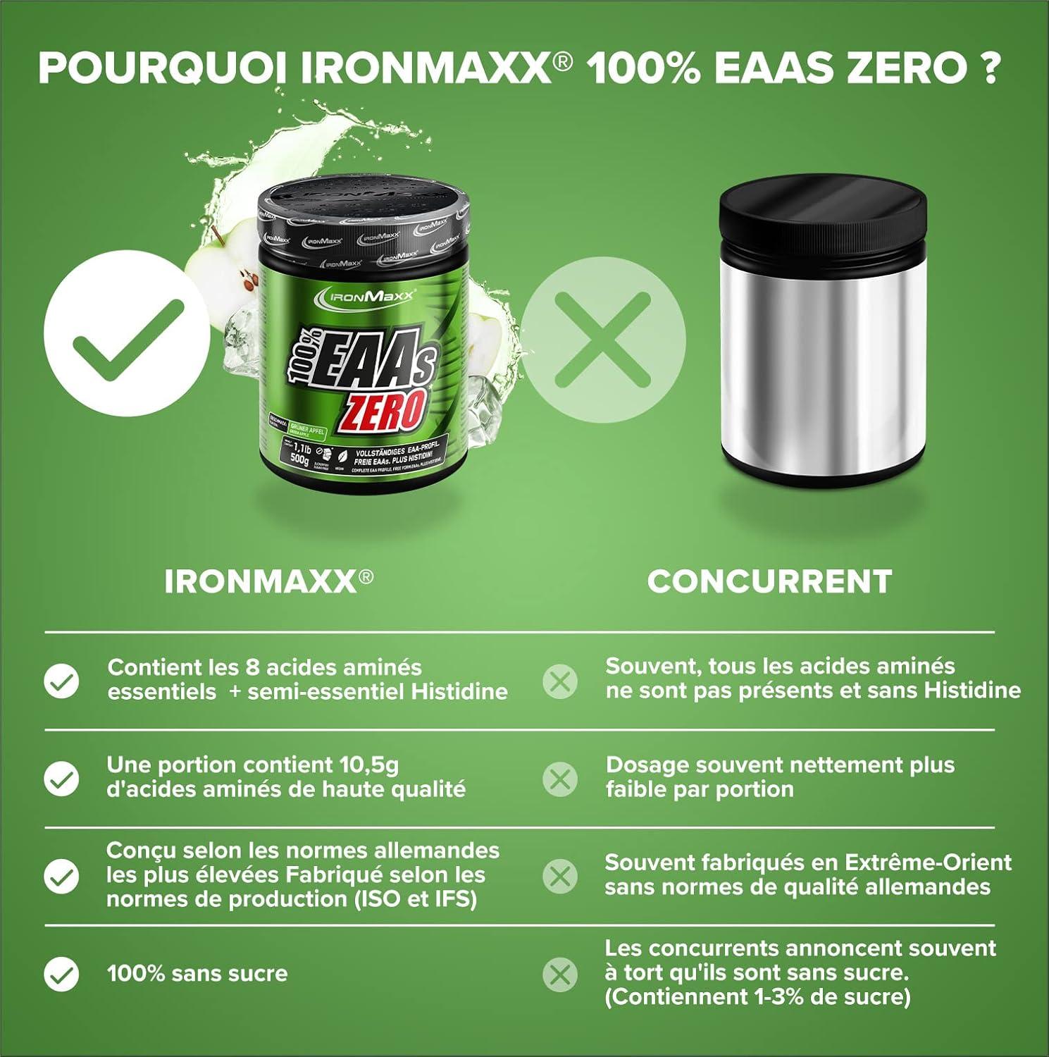 imageIronMaxx 100 EAAs Zero Fruits des Bois 500g Boisson Poudre Vegan Sans Sucre Base de 8 Acides Amins Essentiels Support pour Musculation ampamp FitnessPomme