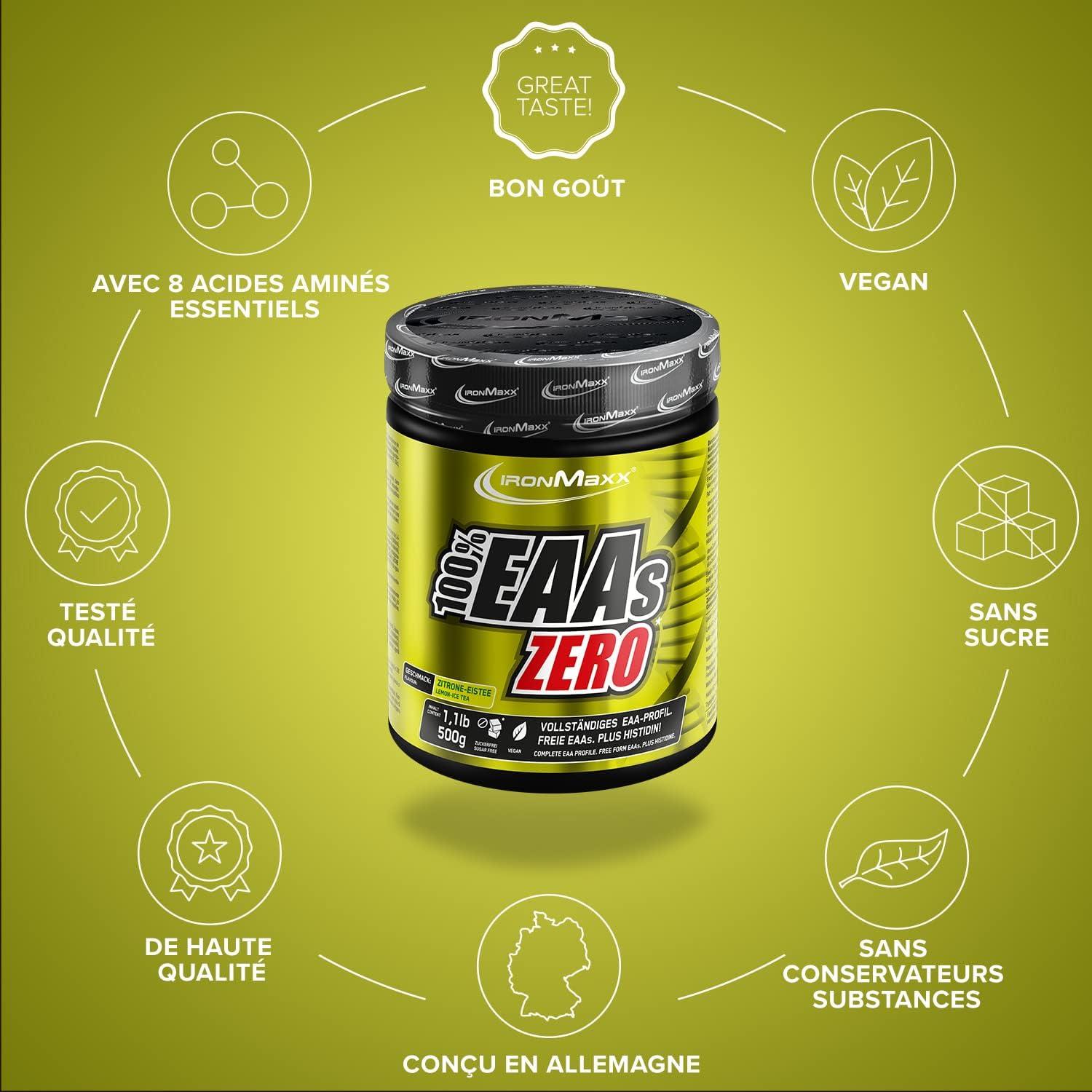 imageIronMaxx 100 EAAs Zero Fruits des Bois 500g Boisson Poudre Vegan Sans Sucre Base de 8 Acides Amins Essentiels Support pour Musculation ampamp FitnessTh glac citron