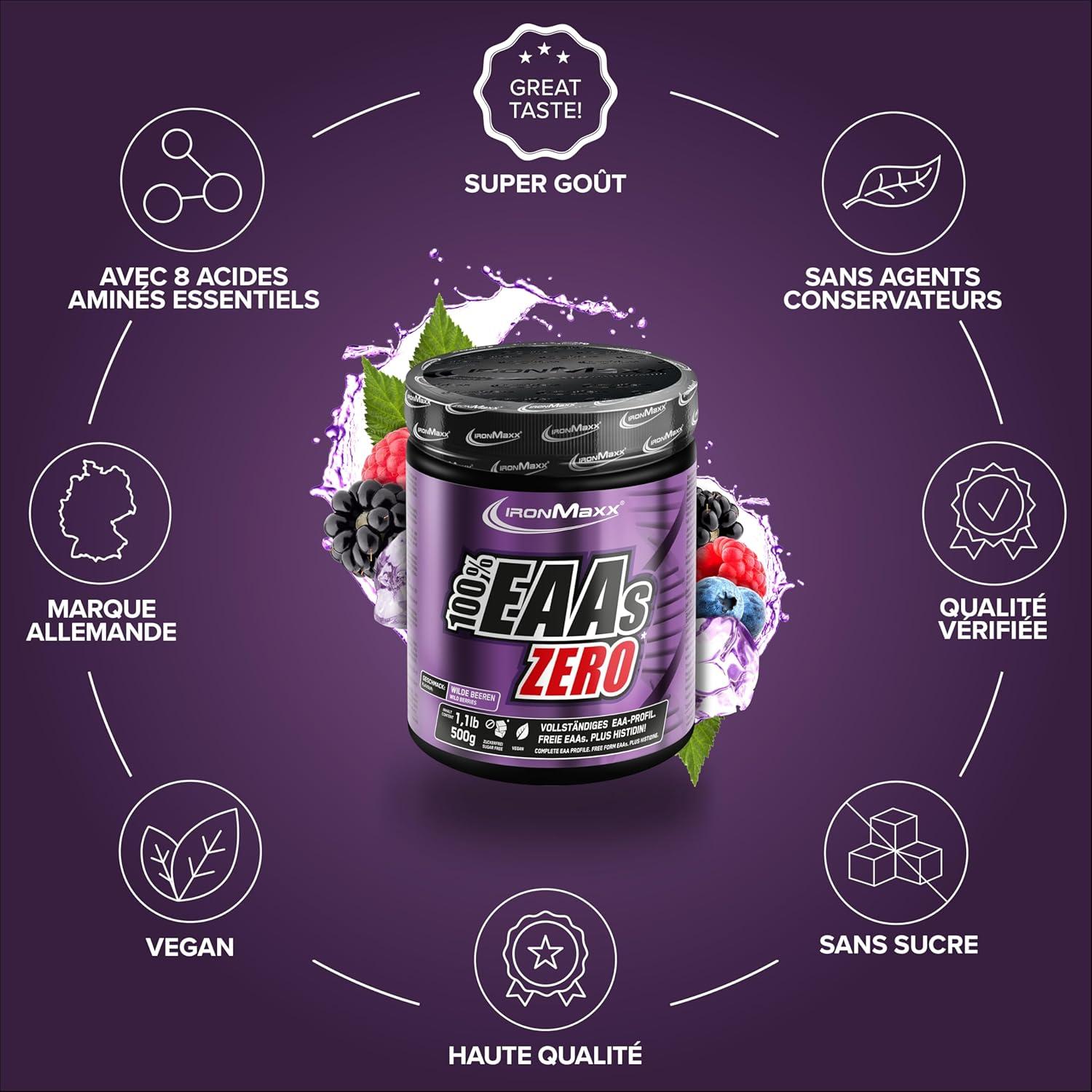 imageIronMaxx 100 EAAs Zero Fruits des Bois 500g Boisson Poudre Vegan Sans Sucre Base de 8 Acides Amins Essentiels Support pour Musculation ampamp FitnessBaies sauvages