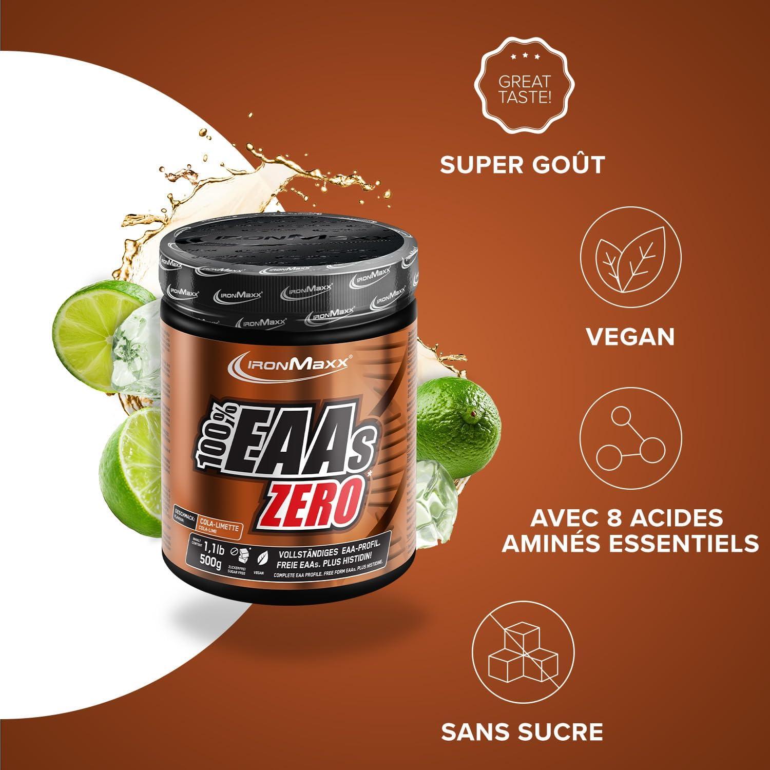 imageIronMaxx 100 EAAs Zero Fruits des Bois 500g Boisson Poudre Vegan Sans Sucre Base de 8 Acides Amins Essentiels Support pour Musculation ampamp FitnessColacitron vert