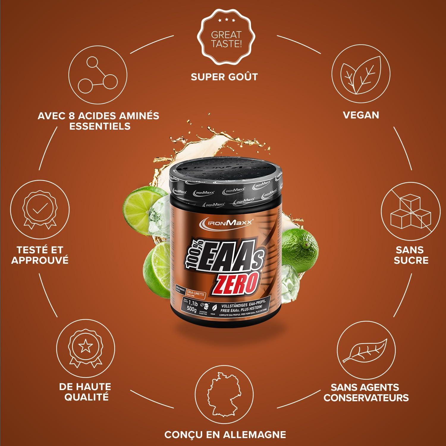 imageIronMaxx 100 EAAs Zero Fruits des Bois 500g Boisson Poudre Vegan Sans Sucre Base de 8 Acides Amins Essentiels Support pour Musculation ampamp FitnessColacitron vert