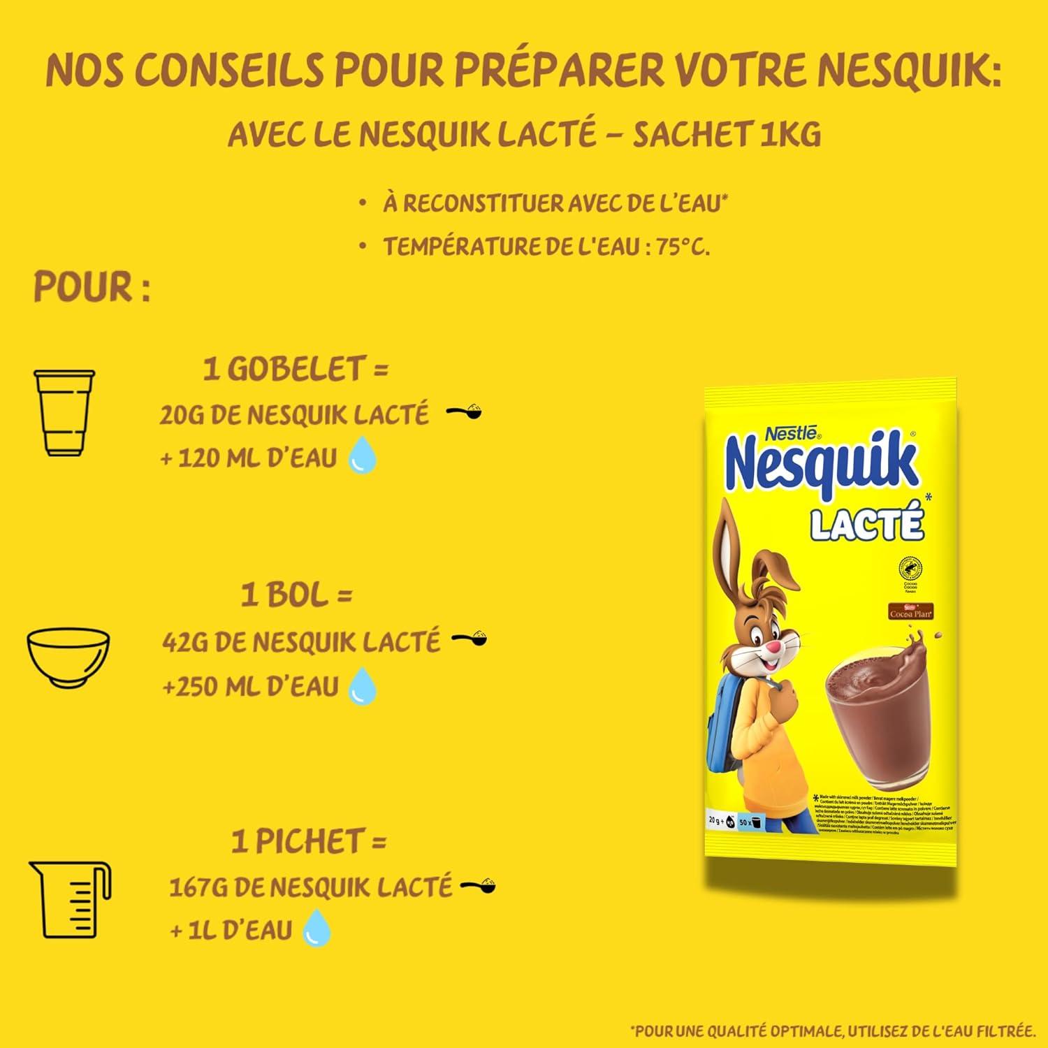 imageNESQUIK Lact Chocolat en Poudre Cacao en Poudre Mlanger avec de lEau Prparation Instantane Chocolat Chaud Got de chocolat PetitDjeuner Sachet 1 de kg1 kg Lot de 1