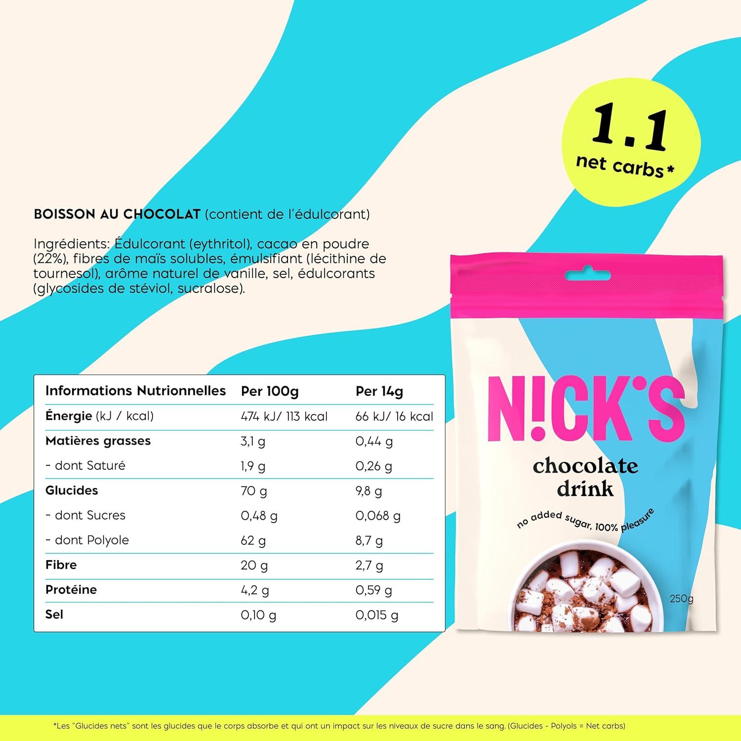 imageNICKS Chocolate drink Chocolat Chaud Instantan Vegan Cacao en Poudre de Qualit Suprieure Sans Sucre Ajout 1 x 250 gChocolat chaud