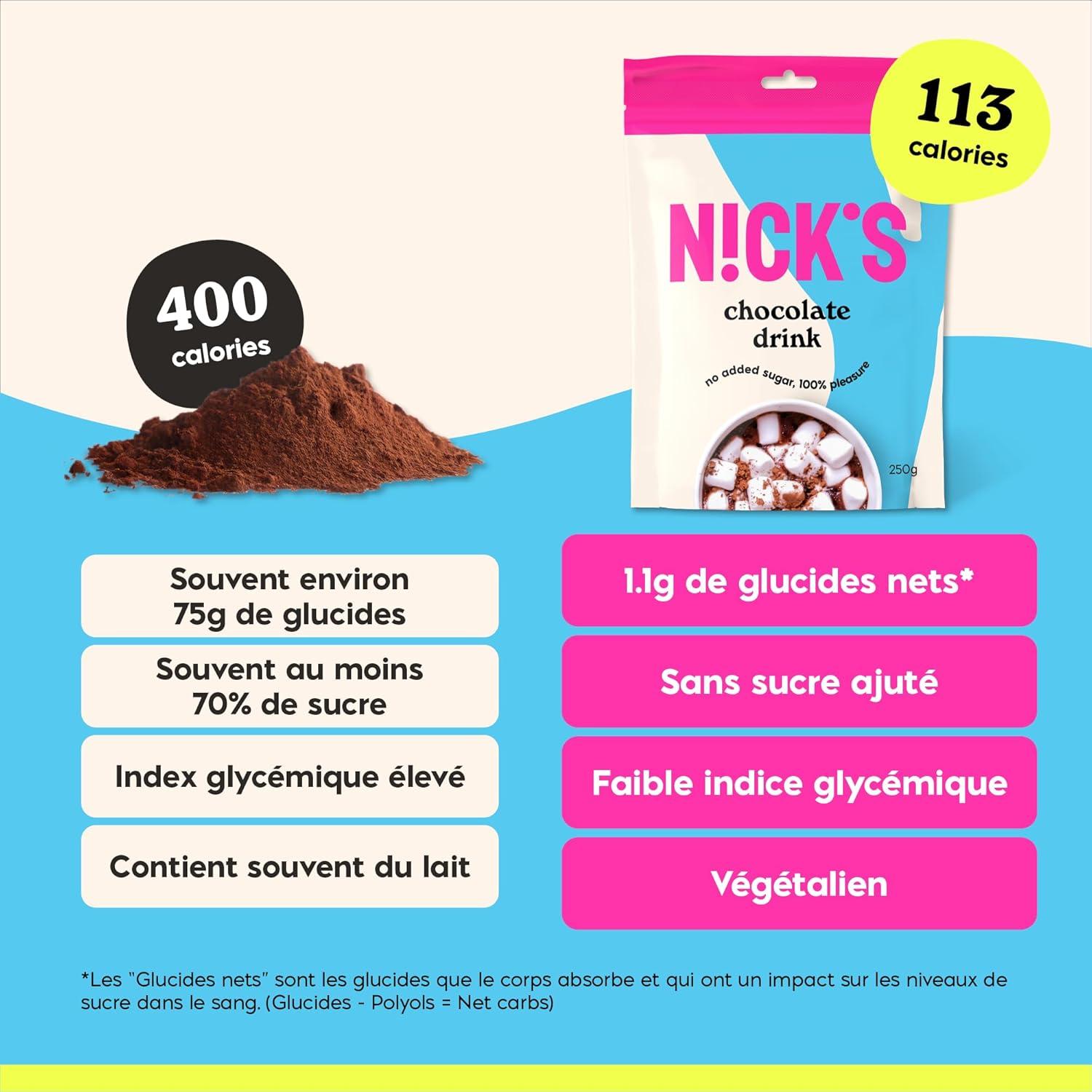 imageNICKS Chocolate drink Chocolat Chaud Instantan Vegan Cacao en Poudre de Qualit Suprieure Sans Sucre Ajout 1 x 250 gChocolat chaud