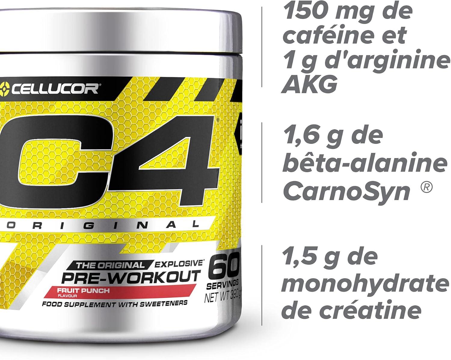 imagePoudre prentranement C4 Original clats dorange boisson nergisante prentranement sans sucre pour hommefemme 150 mg de cafine btaalanine monohydrate de cratine 30 portionsJus de fruit