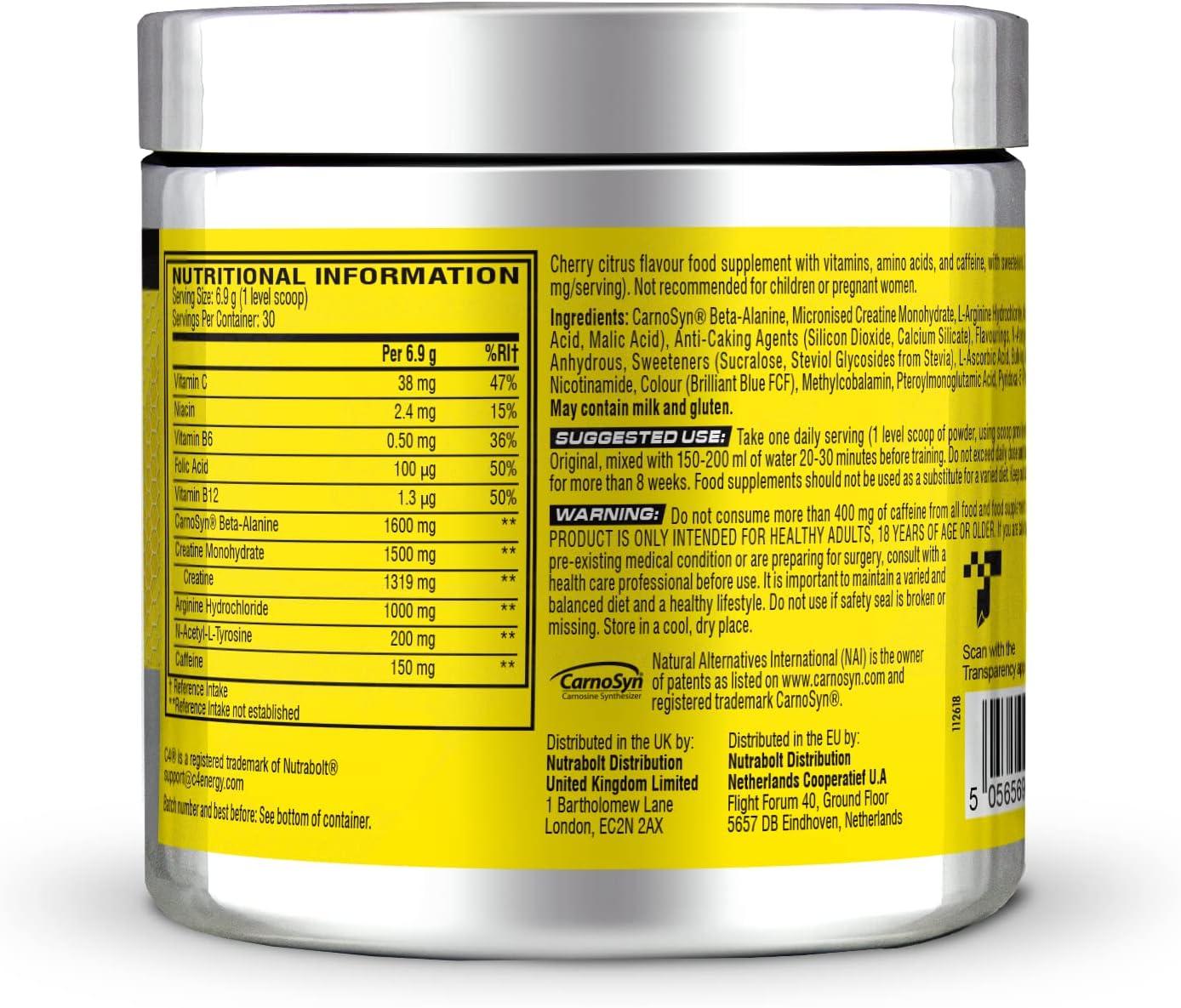 imagePoudre prentranement C4 Original clats dorange boisson nergisante prentranement sans sucre pour hommefemme 150 mg de cafine btaalanine monohydrate de cratine 30 portionsAgrumes