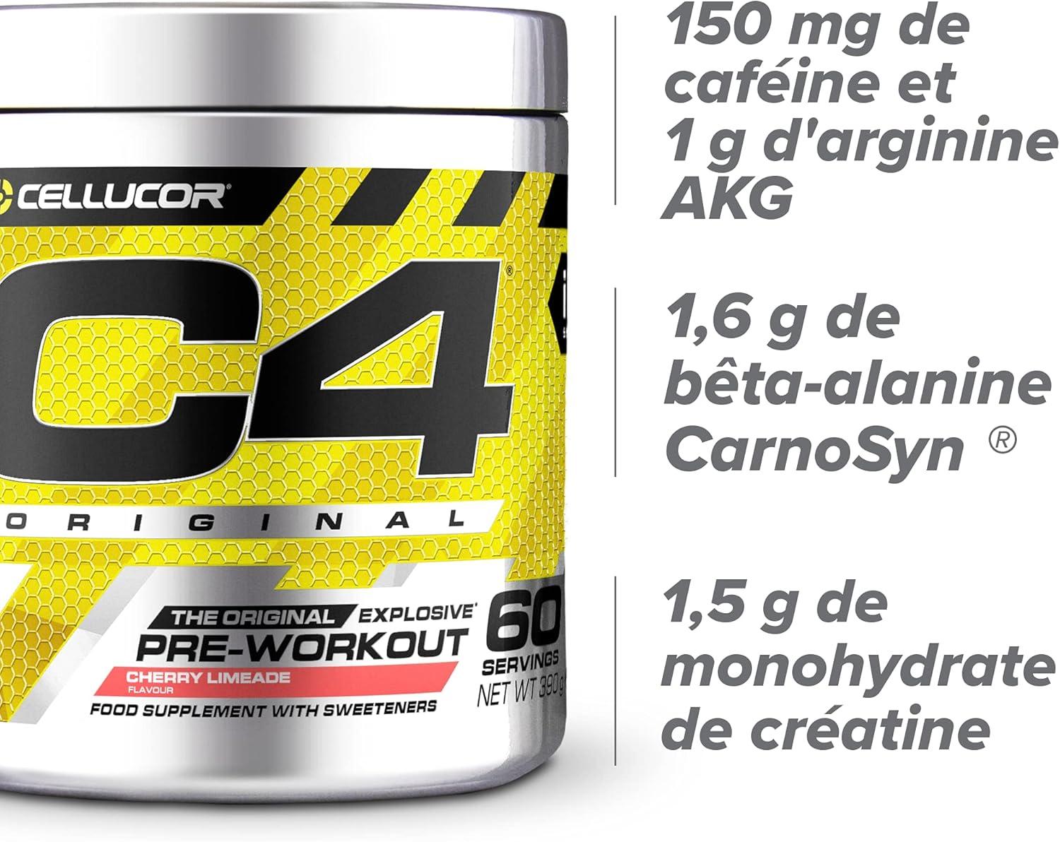 imagePoudre prentranement C4 Original clats dorange boisson nergisante prentranement sans sucre pour hommefemme 150 mg de cafine btaalanine monohydrate de cratine 30 portionsLimonade cerisecitron vert