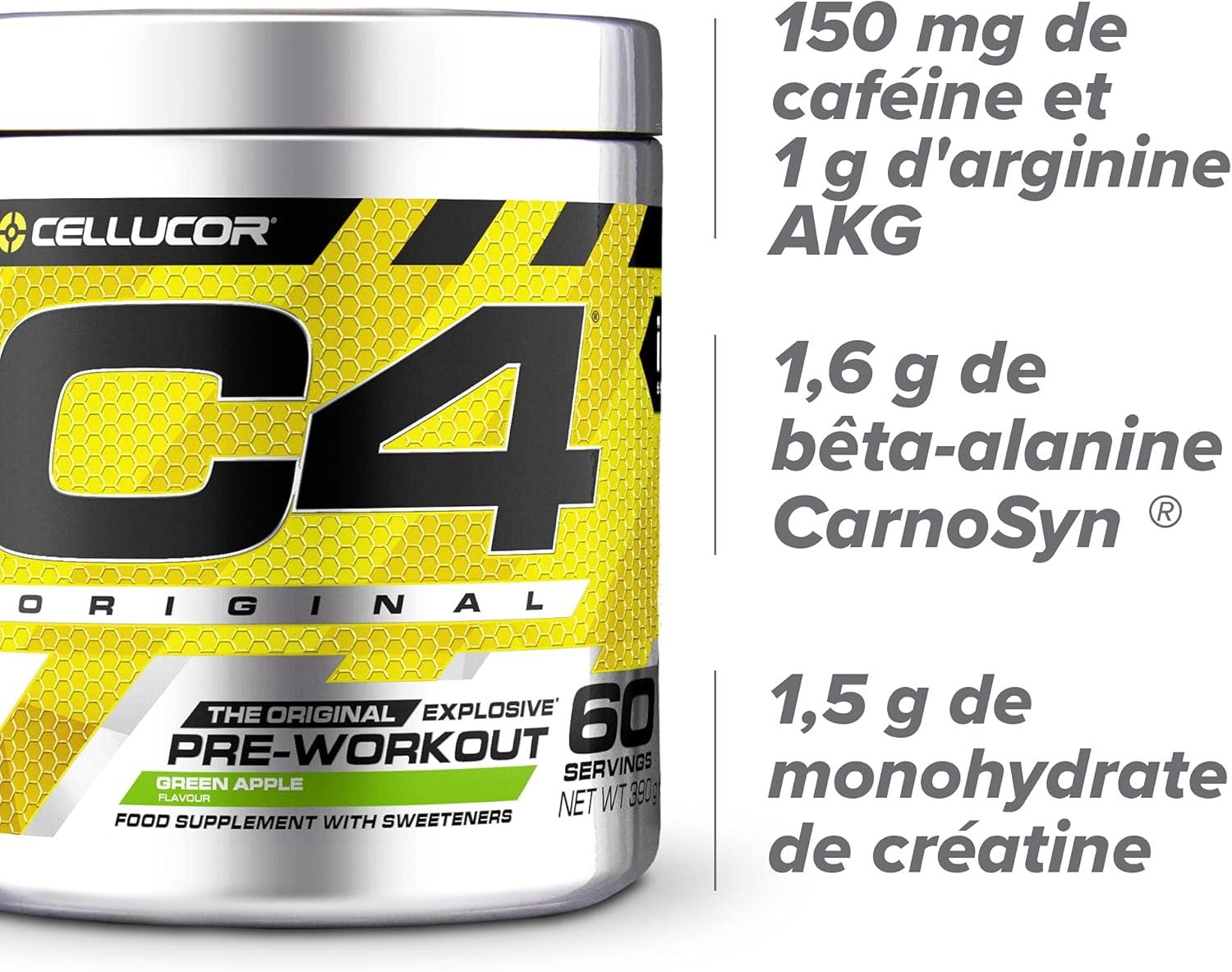 imagePoudre prentranement C4 Original clats dorange boisson nergisante prentranement sans sucre pour hommefemme 150 mg de cafine btaalanine monohydrate de cratine 30 portionsPomme verte