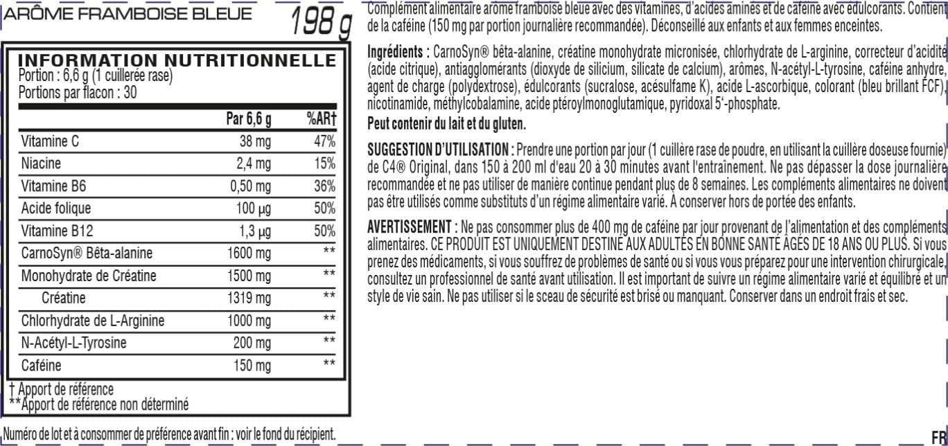 imagePoudre prentranement C4 Original clats dorange boisson nergisante prentranement sans sucre pour hommefemme 150 mg de cafine btaalanine monohydrate de cratine 30 portionsFramboise bleue glace