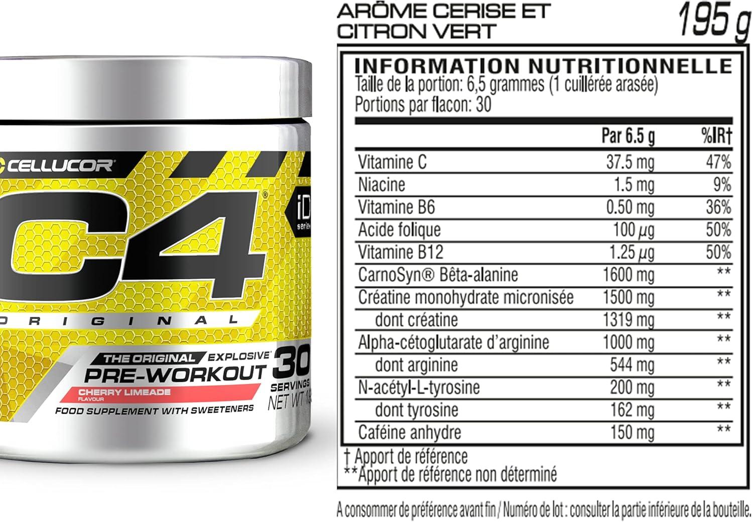 imagePoudre prentranement C4 Original clats dorange boisson nergisante prentranement sans sucre pour hommefemme 150 mg de cafine btaalanine monohydrate de cratine 30 portionsLimonade cerisecitron vert