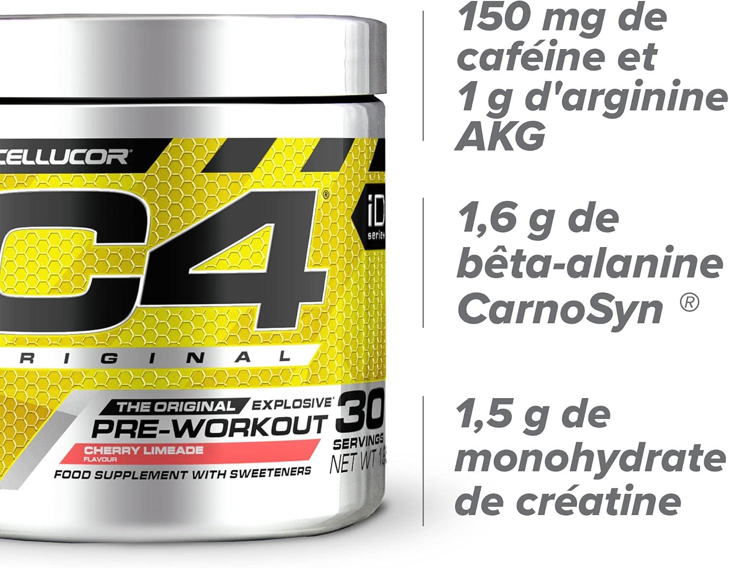 imagePoudre prentranement C4 Original clats dorange boisson nergisante prentranement sans sucre pour hommefemme 150 mg de cafine btaalanine monohydrate de cratine 30 portionsLimonade cerisecitron vert