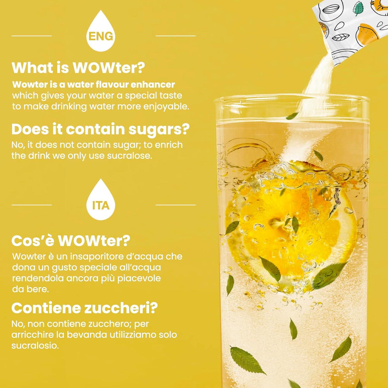 imageWOWTER by AMZ BETTER Poudre Pour Aromatiser leau 24 Sachets de Poudre de Saveur de Th Au Citron Sans Calories Sans OGM Sans Gluten Sans Sucre Made in Italy 96 g