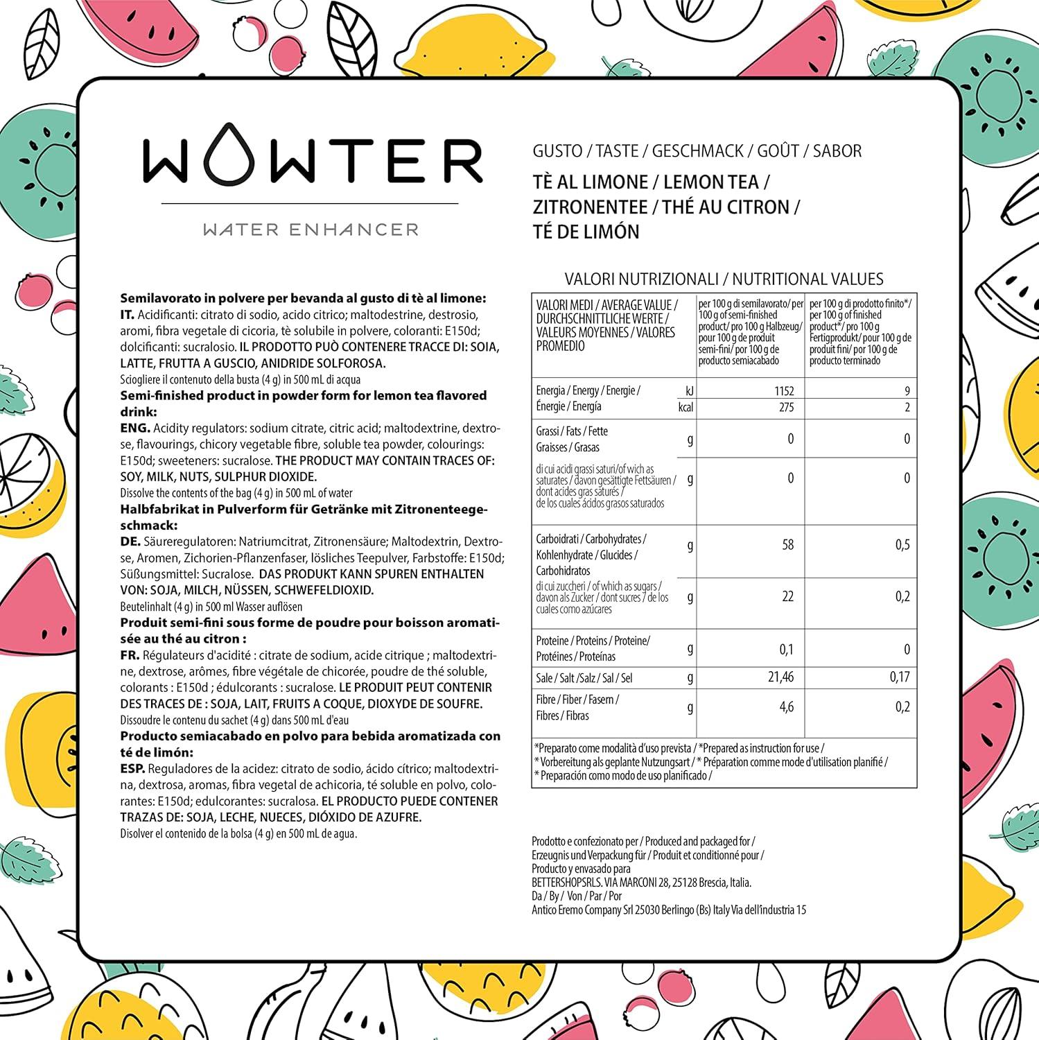imageWOWTER by AMZ BETTER Poudre Pour Aromatiser leau 24 Sachets de Poudre de Saveur de Th Au Citron Sans Calories Sans OGM Sans Gluten Sans Sucre Made in Italy 96 g