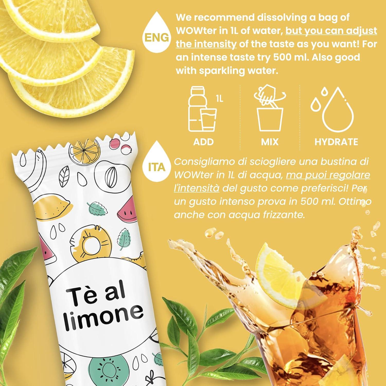 imageWOWTER by AMZ BETTER Poudre Pour Aromatiser leau 24 Sachets de Poudre de Saveur de Th Au Citron Sans Calories Sans OGM Sans Gluten Sans Sucre Made in Italy 96 g