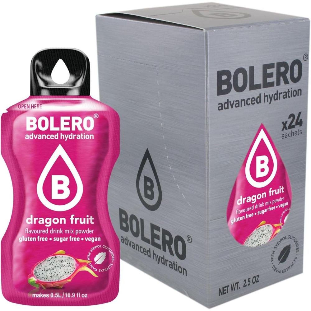 imageBolero DRAGON FRUIT 24x3g Jus en poudre sans sucre dulcor la stvia vitamine C pour enfants et sportifs sans gluten vgtalien saveur fruit du dragon