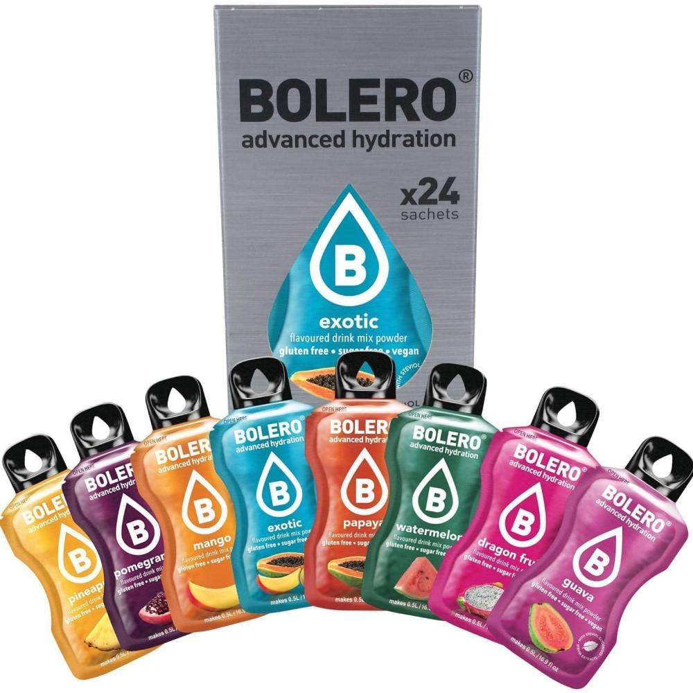 imageBolero EXOTIC Mix 24x9 boisson rafrachissante en poudre sans sucre la stvia et la vitamine C le premier choix des diabtiques et des athltes dans le monde Un mlange exotiqu