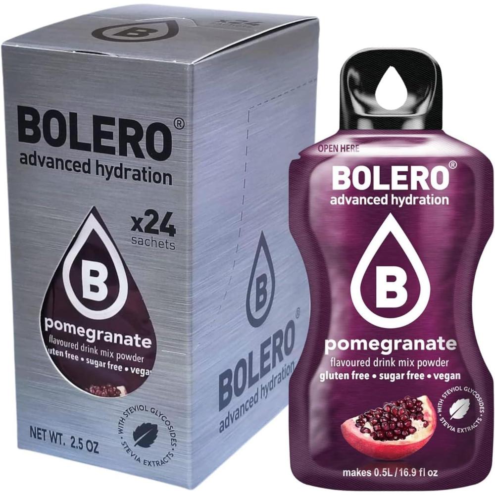 imageBolero POMEGRANATE 24x3g  Jus en poudre sans sucre dulcor  la stvia  vitamine C  pour enfants et sportifs  sans gluten vgtalien  saveur dglantier