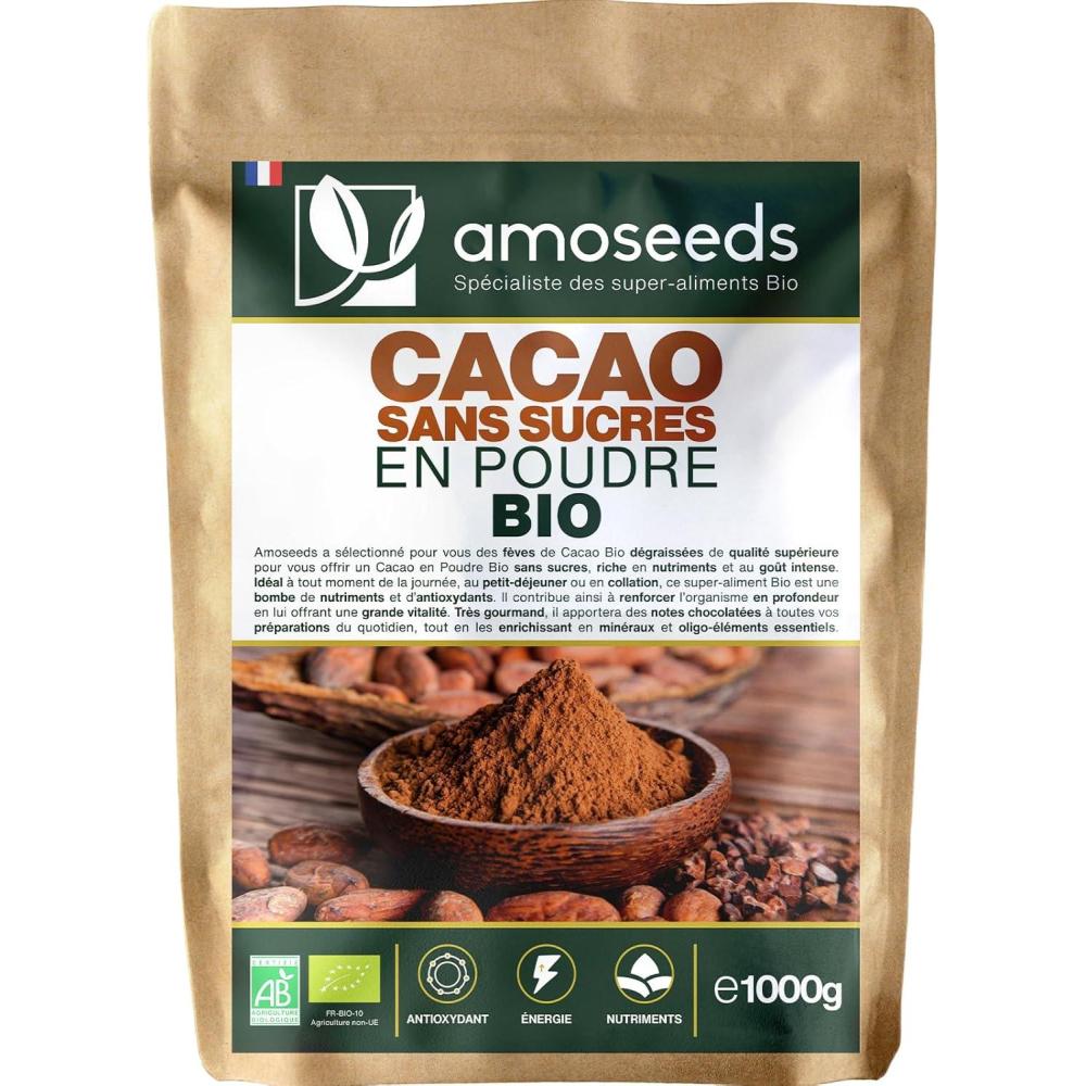imageCacao Sans Sucre en Poudre Bio 1KG 100 de Fves de Cacao Dgraisses Bio Got chocolat intense Qualit Suprieure