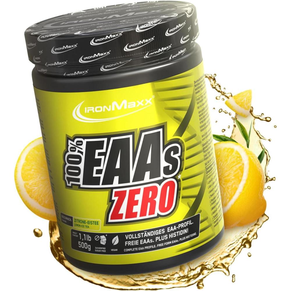 imageIronMaxx 100 EAAs Zero  Fruits des Bois 500g  Boisson Poudre Vegan Sans Sucre  Base de 8 Acides Amins Essentiels  Support pour Musculation ampamp FitnessTh glac citron