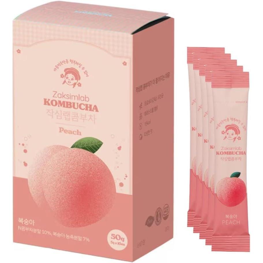 imageZaksimlab Kombucha Th ferment Pche 10x5g Boisson en poudre sans sucre Faible cafine Saveur ptillante Sticks diluer