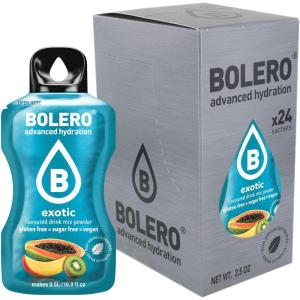 Bolero EXOTIC 24x3g | Jus en poudre sans sucre, édulcoré à la stévia + vitamine C | pour enfants et sportifs | sans gluten, végétalien | goût exotique