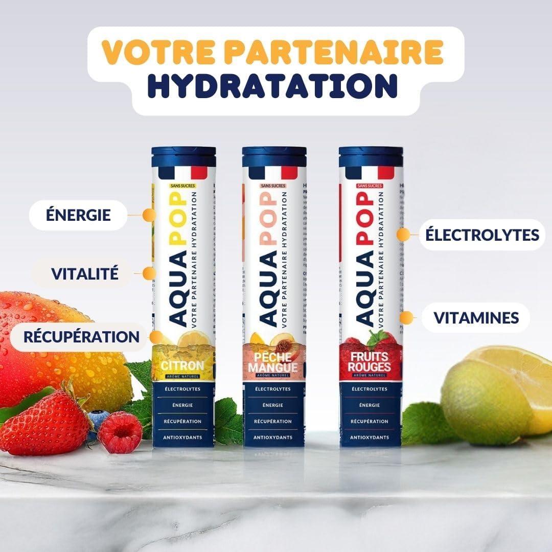 imageAQUAPOP Pastilles lectrolytes Pack de 3 tubes Sans Sucres Favorise lhydratation et lnergie 60 Comprims Minraux et Vitamines Sport ampamp Bientre Fruits Rouge Citron Pche 3Pack