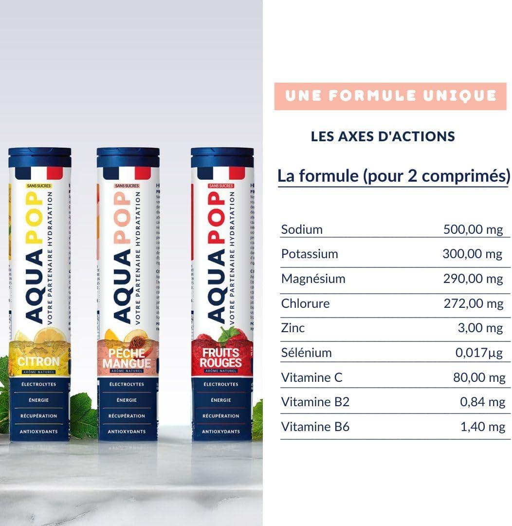 imageAQUAPOP Pastilles lectrolytes Pack de 3 tubes Sans Sucres Favorise lhydratation et lnergie 60 Comprims Minraux et Vitamines Sport ampamp Bientre Fruits Rouge Citron Pche 3Pack