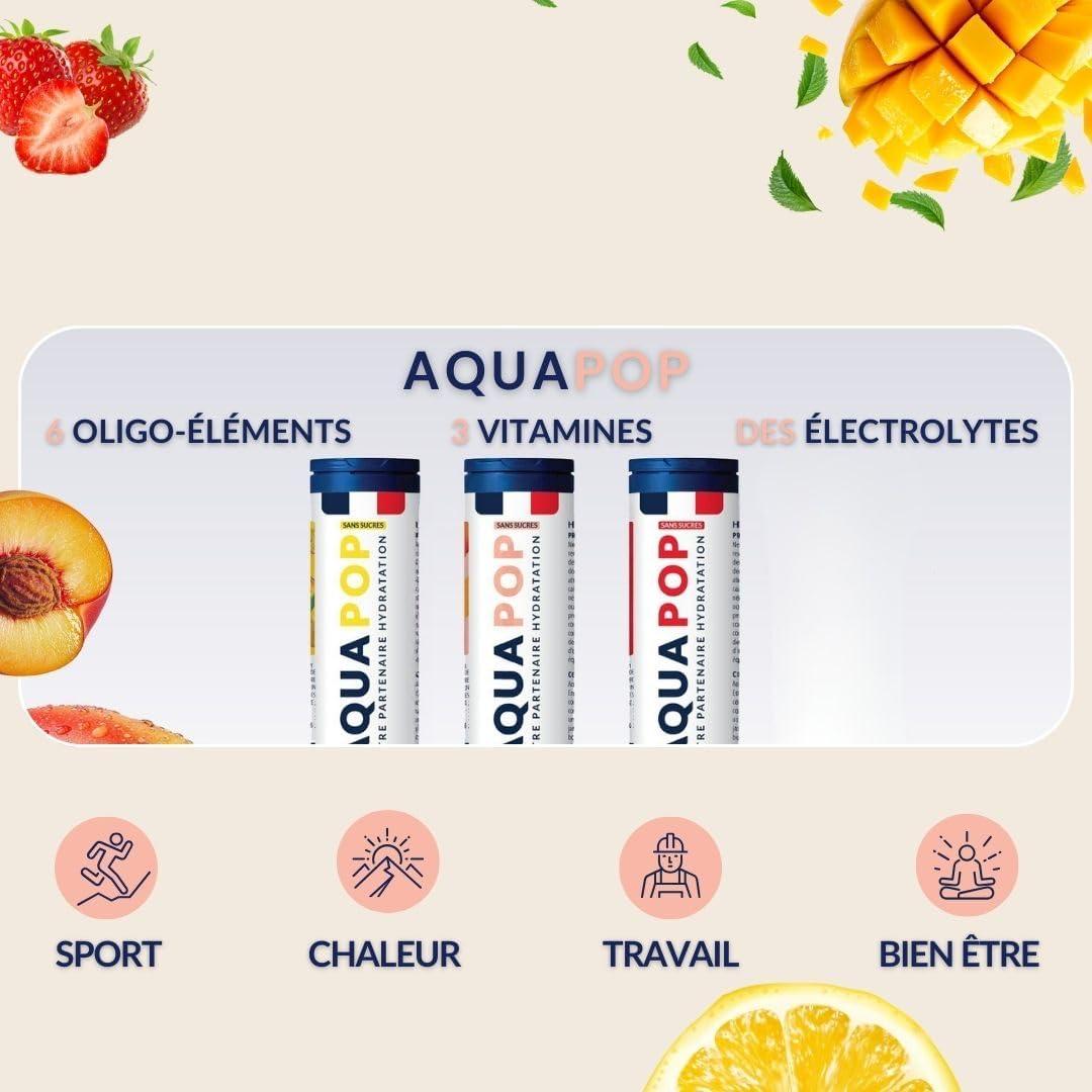 imageAQUAPOP Pastilles lectrolytes Pack de 3 tubes Sans Sucres Favorise lhydratation et lnergie 60 Comprims Minraux et Vitamines Sport ampamp Bientre Fruits Rouge Citron Pche 3Pack