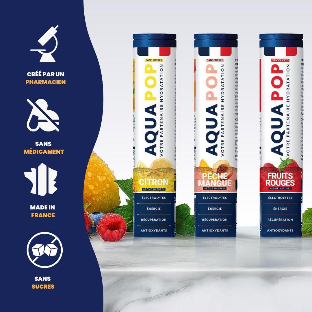 imageAQUAPOP Pastilles lectrolytes Pack de 3 tubes Sans Sucres Favorise lhydratation et lnergie 60 Comprims Minraux et Vitamines Sport ampamp Bientre Fruits Rouge Citron Pche 3Pack