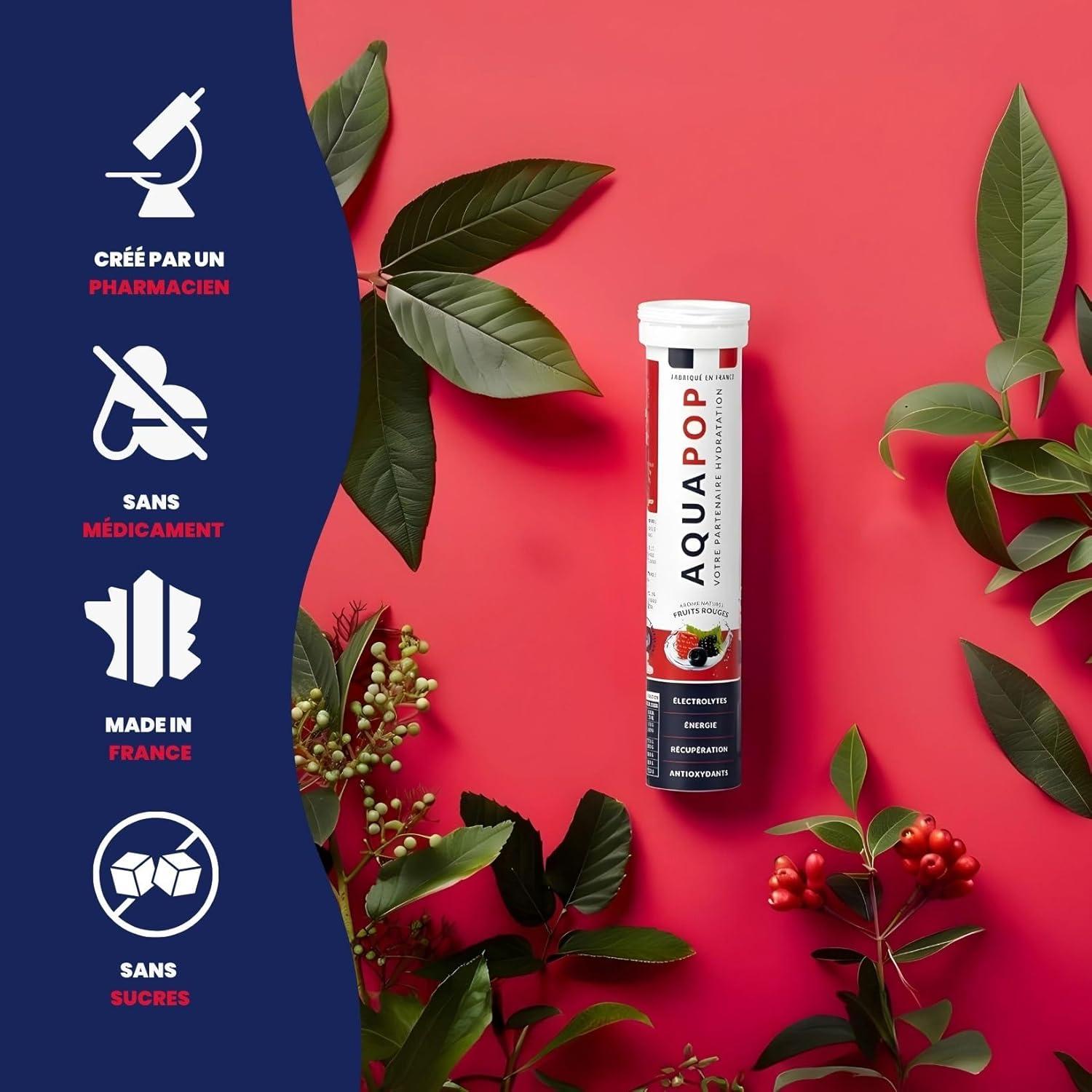 imageAQUAPOP Pastilles lectrolytes Sans Sucres Favorise lhydratation et lnergie 20 Comprims Minraux et Vitamines Sport ampamp Bientre Fruits RougesFruits Rouges
